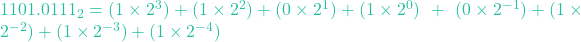 1101.0111_2 = (1 \times 2^3) + (1 \times 2^2) + (0 \times 2^1) + (1 \times 2^0) \ + \ (0 \times 2^{-1}) + (1 \times 2^{-2}) + (1 \times 2^{-3}) + (1 \times 2^{-4})