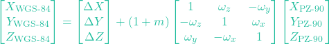 \[\begin{bmatrix} X_{\text{WGS-84}} \\ Y_{\text{WGS-84}} \\ Z_{\text{WGS-84}} \end{bmatrix} = \begin{bmatrix} \Delta X \\ \Delta Y \\ \Delta Z \end{bmatrix} + (1 + m) \begin{bmatrix} 1 & \omega_z & -\omega_y \\ -\omega_z & 1 & \omega_x \\ \omega_y & -\omega_x & 1 \end{bmatrix} \begin{bmatrix} X_{\text{PZ-90}} \\ Y_{\text{PZ-90}} \\ Z_{\text{PZ-90}} \end{bmatrix}\]