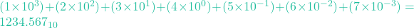 (1 \times 10^3) + (2 \times 10^2) + (3 \times 10^1) + (4 \times 10^0) + (5 \times 10^{-1}) + (6 \times 10^{-2}) + (7 \times 10^{-3}) = 1234.567_{10}