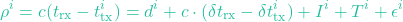 \[\rho^i = c(t_{\text{rx}} - t_{\text{tx}}^i) = d^i + c \cdot (\delta t_{\text{rx}} - \delta t_{\text{tx}}^i) + I^i + T^i + \epsilon^i\]
