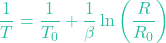 \[\frac{1}{T} = \frac{1}{T_0} + \frac{1}{\beta}\ln\left(\frac{R}{R_0}\right)\]