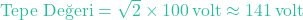 Rendered by QuickLaTeX.com \text{Tepe Değeri} = \sqrt{2} \times 100 \, \text{volt} \approx 141 \, \text{volt}