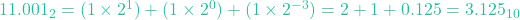 11.001_2 = (1 \times 2^1) + (1 \times 2^0) + (1 \times 2^{-3}) = 2 + 1 + 0.125 = 3.125_{10}