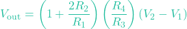 \[V_{\text{out}} = \left( 1 + \frac{2 R_2}{R_1} \right) \left( \frac{R_4}{R_3} \right) (V_2 - V_1)\]