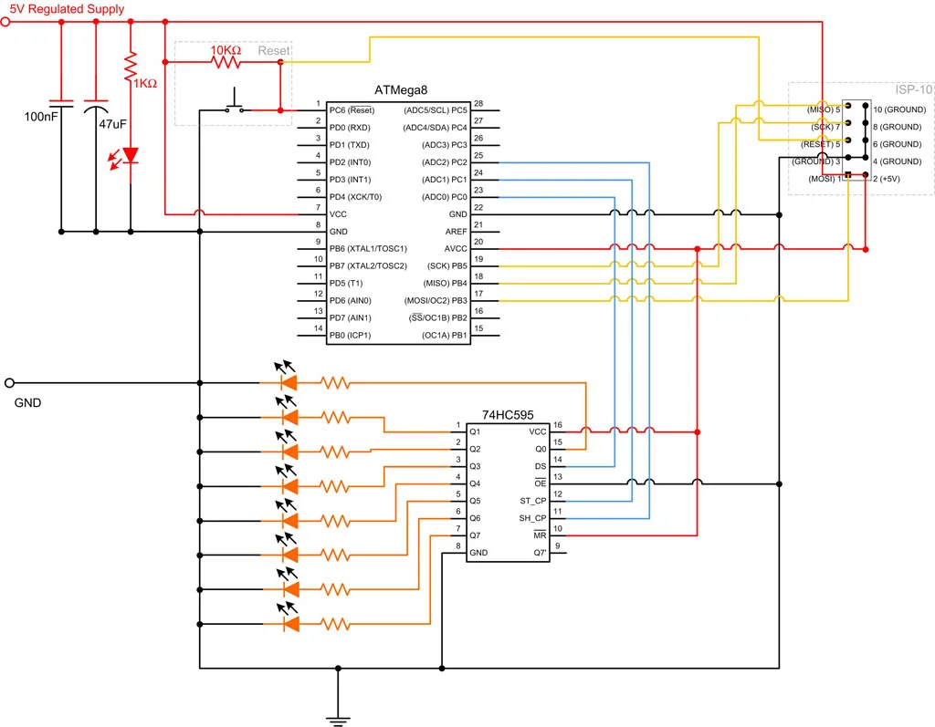 Atmega8 ile 74HC595 Zincirleme Bağlama atmega8 74hc595,atmega8 kullanımı,atmega8 74hc595 kullanımı,atmega8 knight rider yapımı,atmega8 shift register
