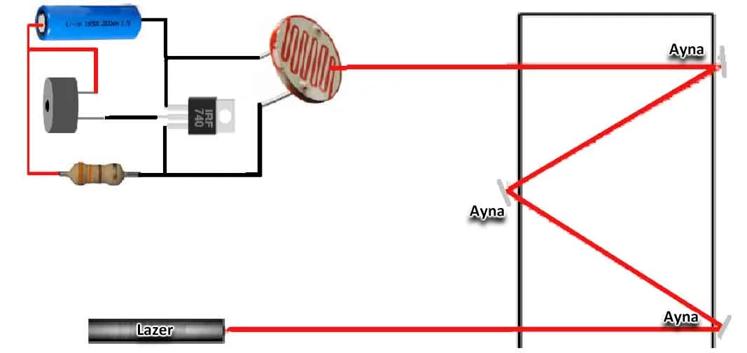 Lazer Güvenlik Sistemi Yapımı lazer güvenlik sistemi N-Kanal MOSFET IRF740 ile Analog Lazer Güvenlik Devre Şeması