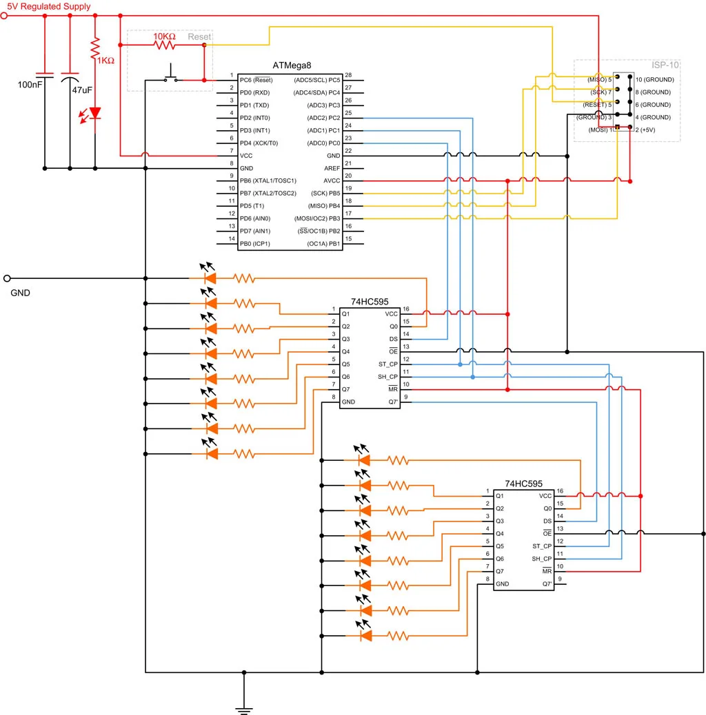 Atmega8 ile 74HC595 Zincirleme Bağlama atmega8 74hc595,atmega8 kullanımı,atmega8 74hc595 kullanımı,atmega8 knight rider yapımı,atmega8 shift register